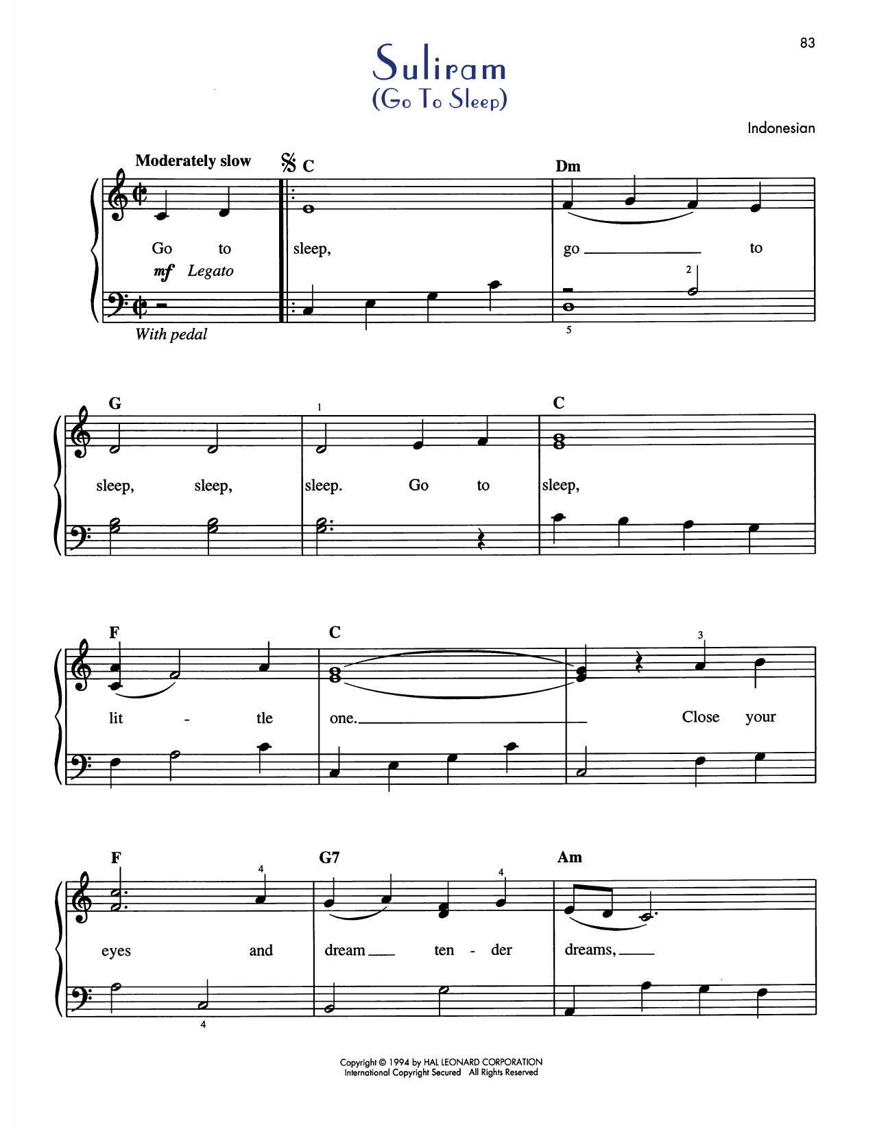 Indonesian Folksong Suliram (Go To Sleep) sheet music notes and chords arranged for Easy Piano