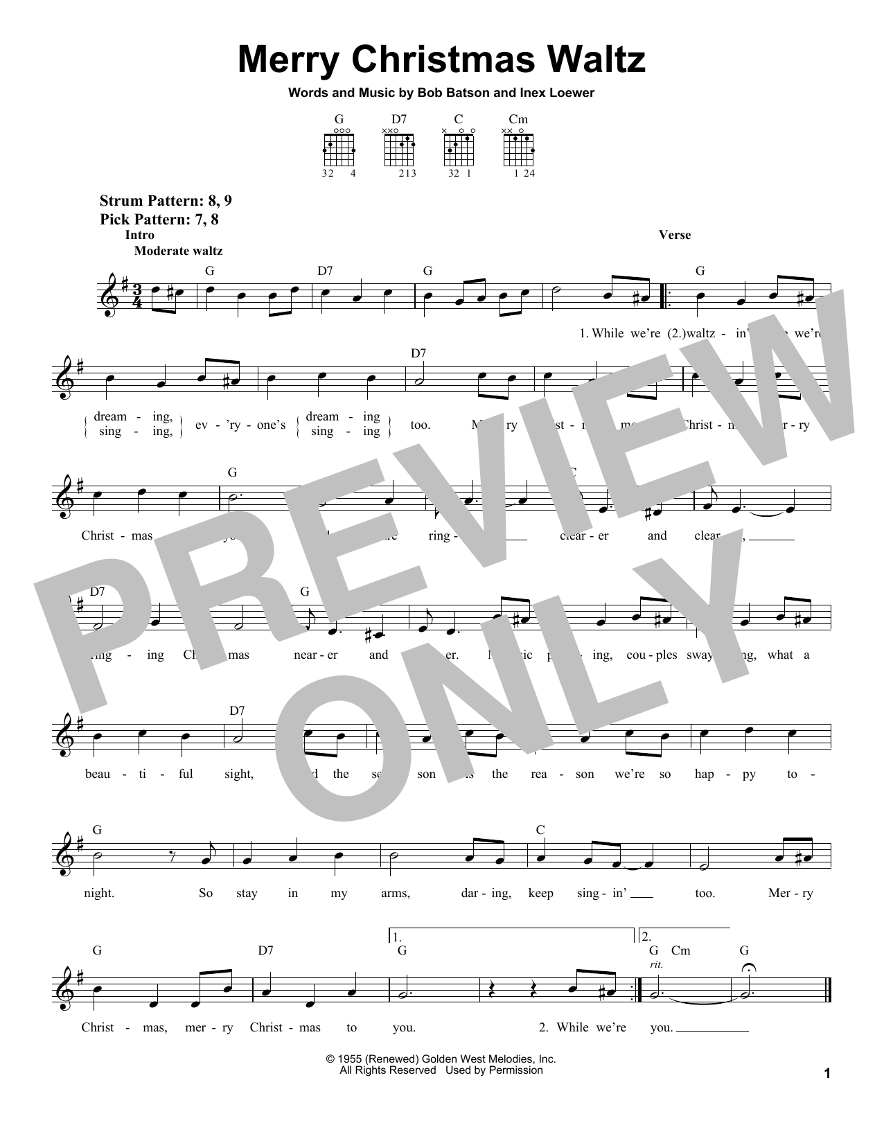 Inez Loewer Merry Christmas Waltz sheet music notes and chords arranged for Easy Guitar