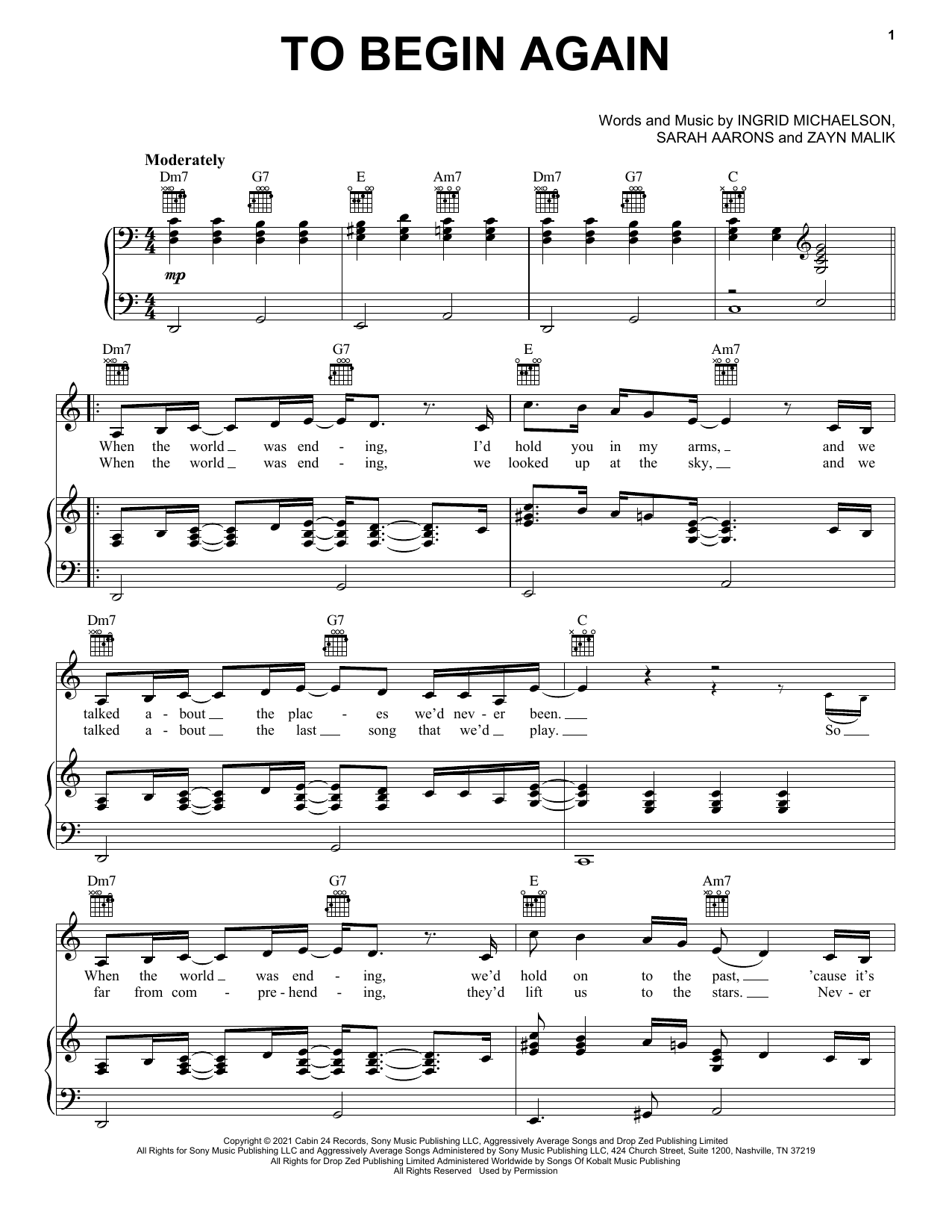 Ingrid Michaelson & ZAYN To Begin Again sheet music notes and chords arranged for Piano, Vocal & Guitar Chords (Right-Hand Melody)