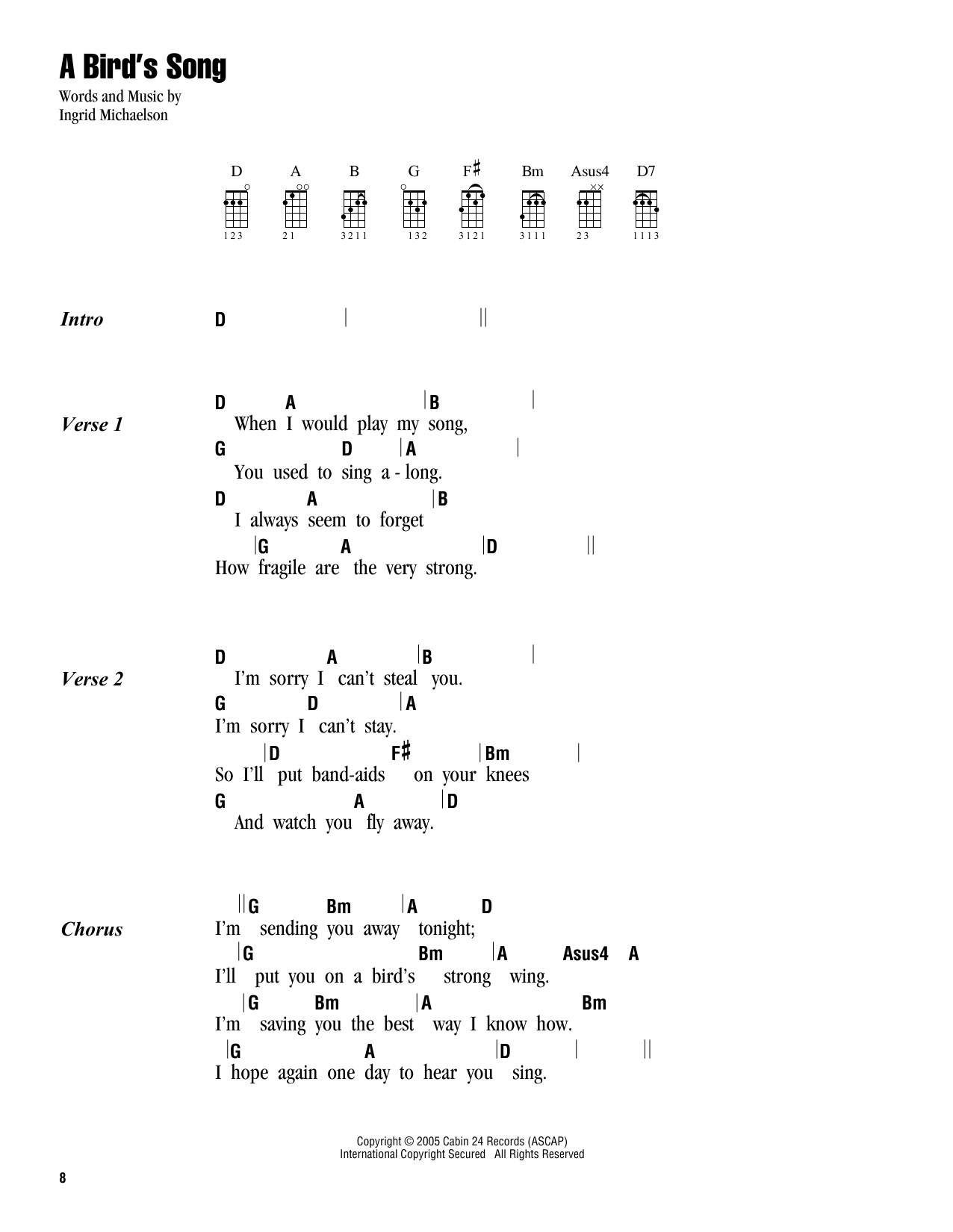 Ingrid Michaelson A Bird's Song sheet music notes and chords arranged for Ukulele Chords/Lyrics