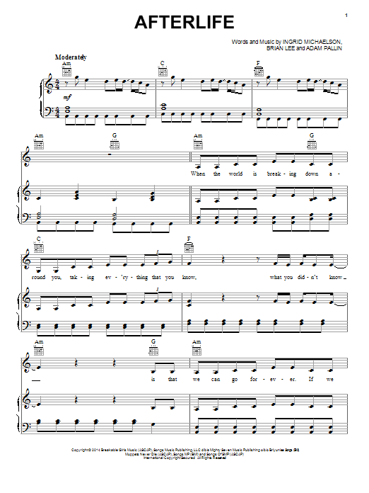 Ingrid Michaelson Afterlife sheet music notes and chords arranged for Piano, Vocal & Guitar Chords (Right-Hand Melody)