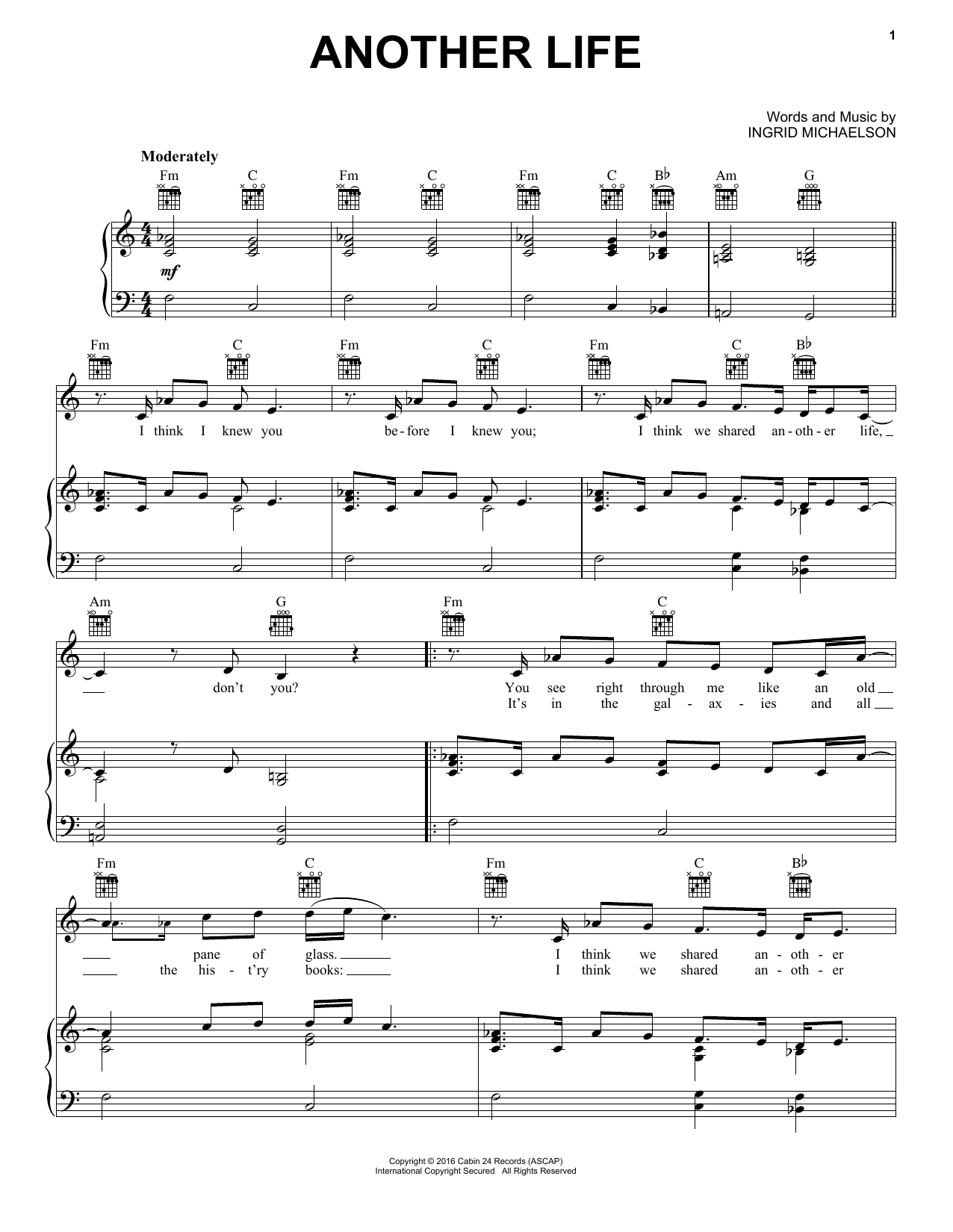 Ingrid Michaelson Another Life sheet music notes and chords arranged for Piano, Vocal & Guitar Chords (Right-Hand Melody)