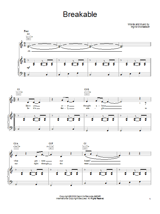Ingrid Michaelson Breakable sheet music notes and chords arranged for Very Easy Piano
