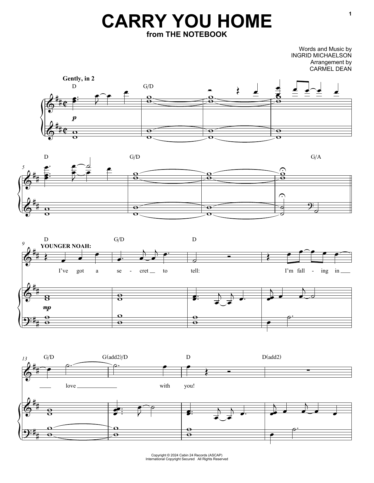 Ingrid Michaelson Carry You Home (from The Notebook) sheet music notes and chords arranged for Piano & Vocal
