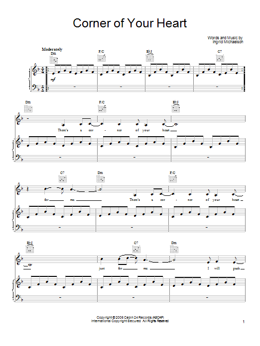 Ingrid Michaelson Corner Of Your Heart sheet music notes and chords arranged for Piano, Vocal & Guitar Chords (Right-Hand Melody)