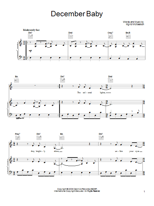 Ingrid Michaelson December Baby sheet music notes and chords arranged for Piano, Vocal & Guitar Chords (Right-Hand Melody)
