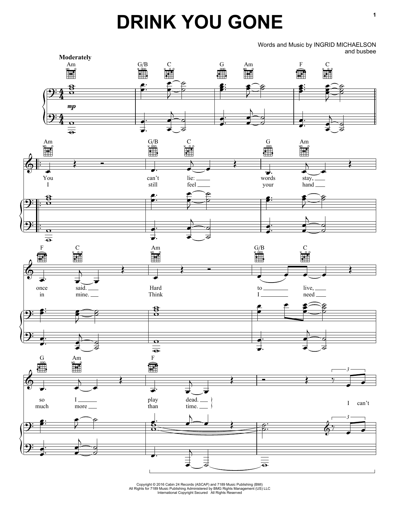 Ingrid Michaelson Drink You Gone sheet music notes and chords arranged for Piano, Vocal & Guitar Chords (Right-Hand Melody)