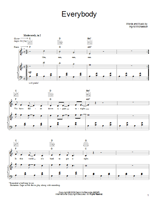 Ingrid Michaelson Everybody sheet music notes and chords arranged for Piano, Vocal & Guitar Chords (Right-Hand Melody)