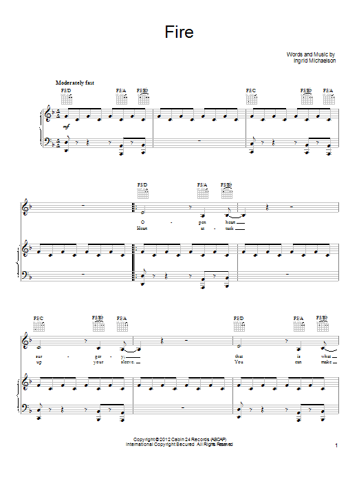 Ingrid Michaelson Fire sheet music notes and chords arranged for Piano, Vocal & Guitar Chords (Right-Hand Melody)