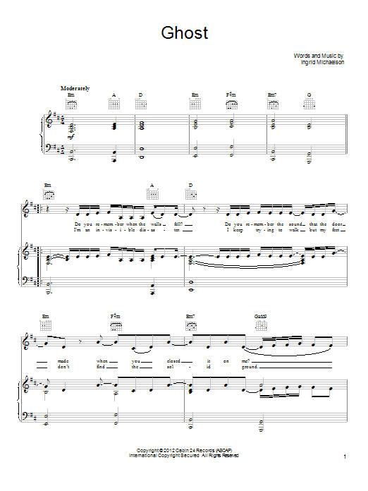 Ingrid Michaelson Ghost sheet music notes and chords arranged for Piano, Vocal & Guitar Chords (Right-Hand Melody)