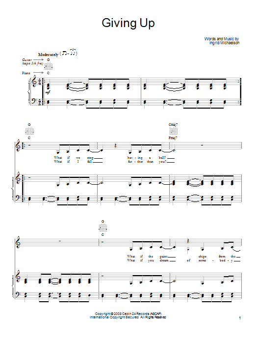 Ingrid Michaelson Giving Up sheet music notes and chords arranged for Piano, Vocal & Guitar Chords (Right-Hand Melody)