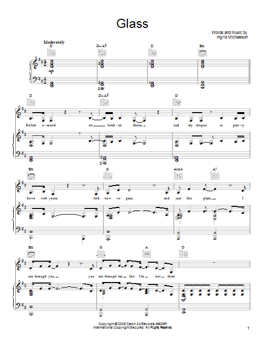 Ingrid Michaelson Glass sheet music notes and chords arranged for Piano, Vocal & Guitar Chords (Right-Hand Melody)