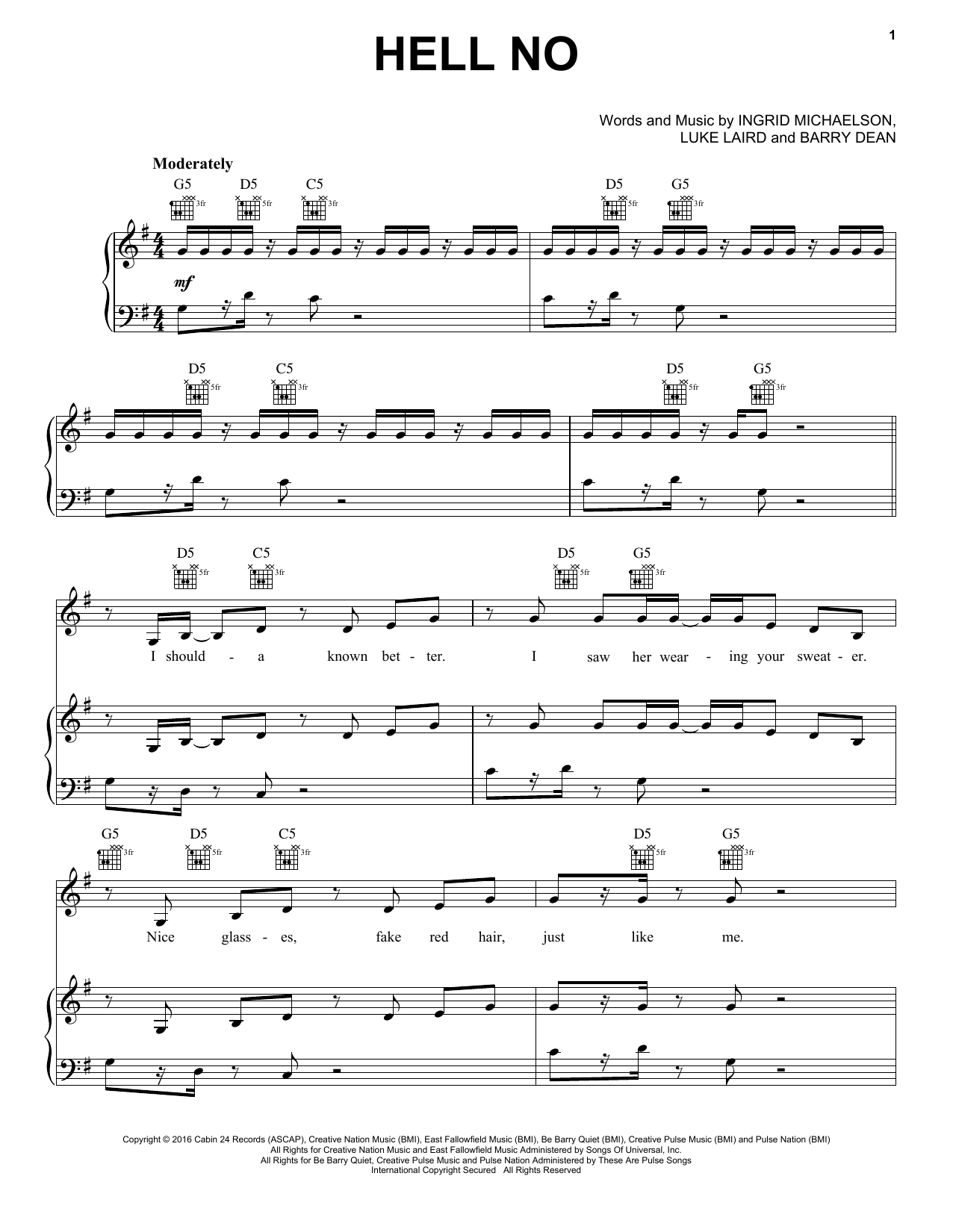Ingrid Michaelson Hell No sheet music notes and chords arranged for Piano, Vocal & Guitar Chords (Right-Hand Melody)