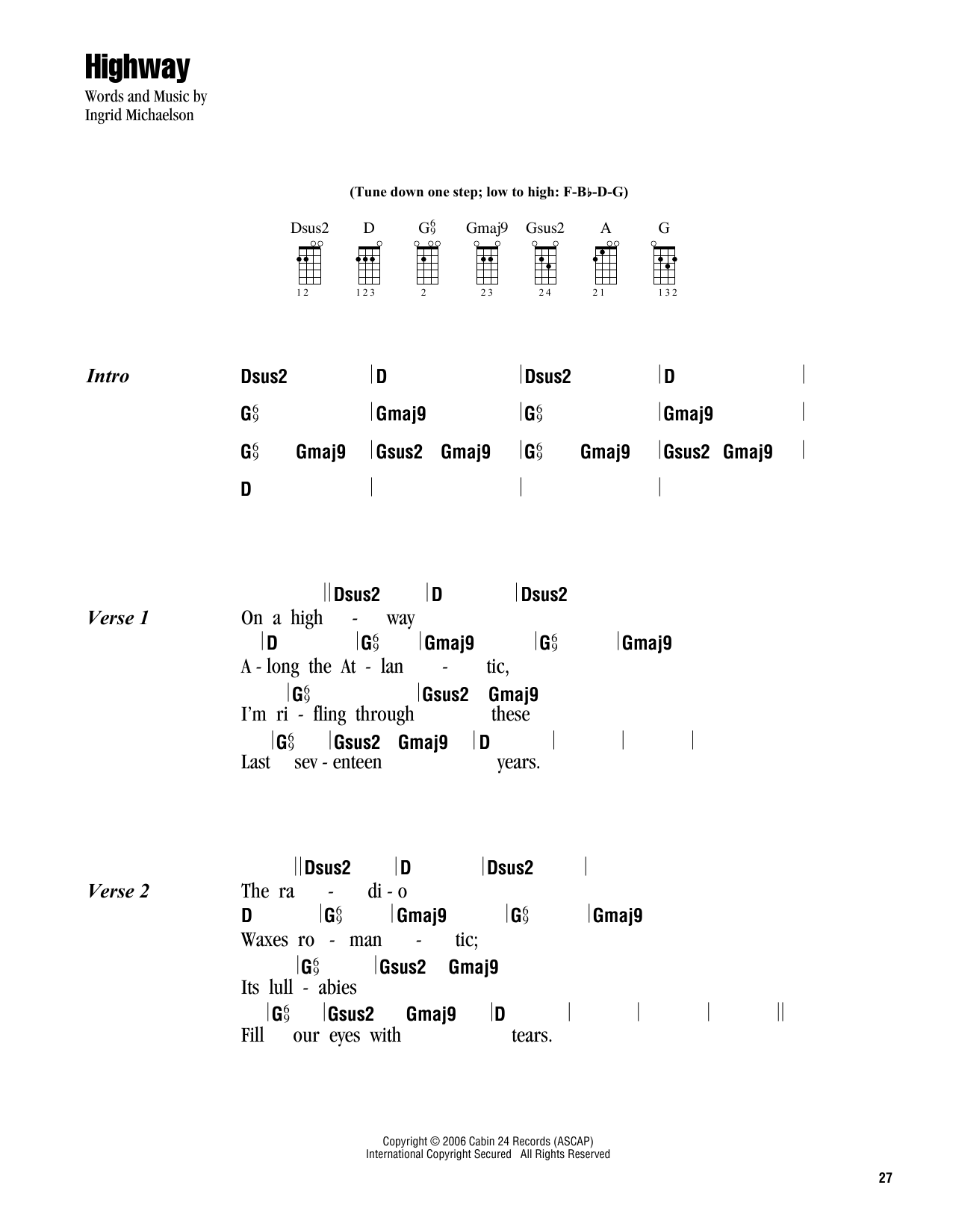 Ingrid Michaelson Highway sheet music notes and chords arranged for Ukulele Chords/Lyrics