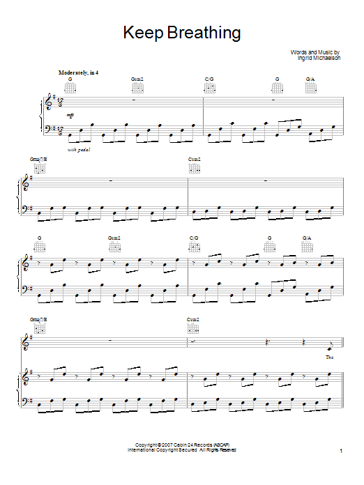 Ingrid Michaelson Keep Breathing sheet music notes and chords arranged for Piano, Vocal & Guitar Chords (Right-Hand Melody)