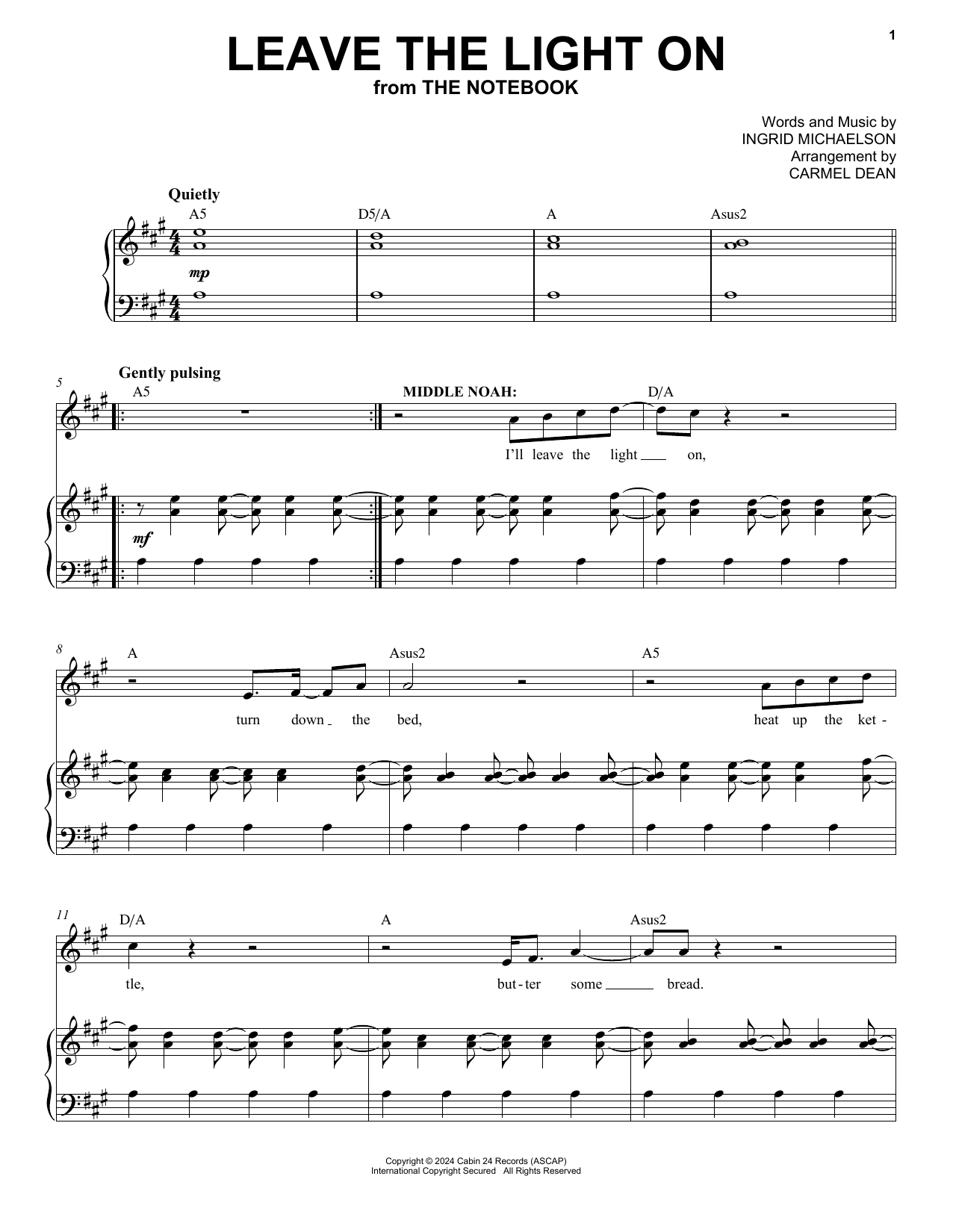 Ingrid Michaelson Leave the Light On (from The Notebook) sheet music notes and chords arranged for Piano & Vocal