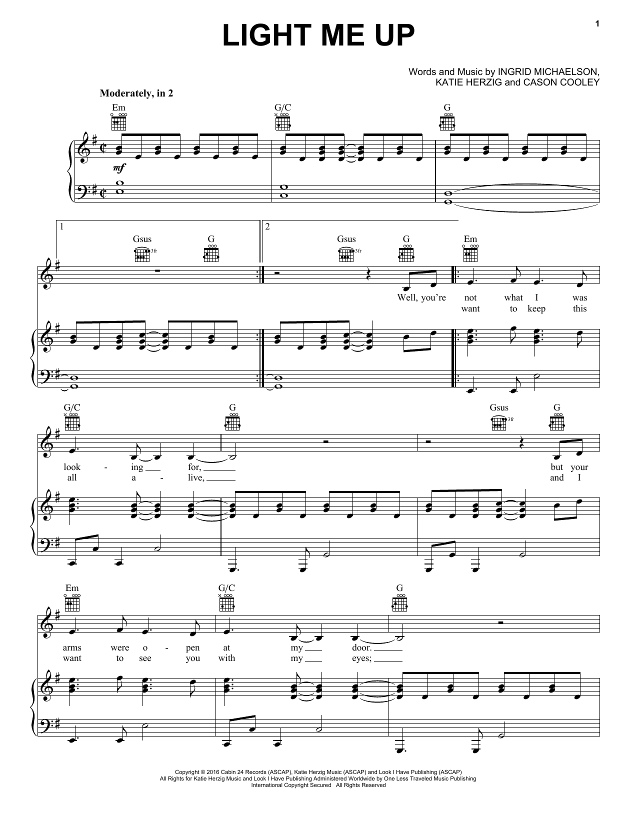Ingrid Michaelson Light Me Up sheet music notes and chords arranged for Piano, Vocal & Guitar Chords (Right-Hand Melody)
