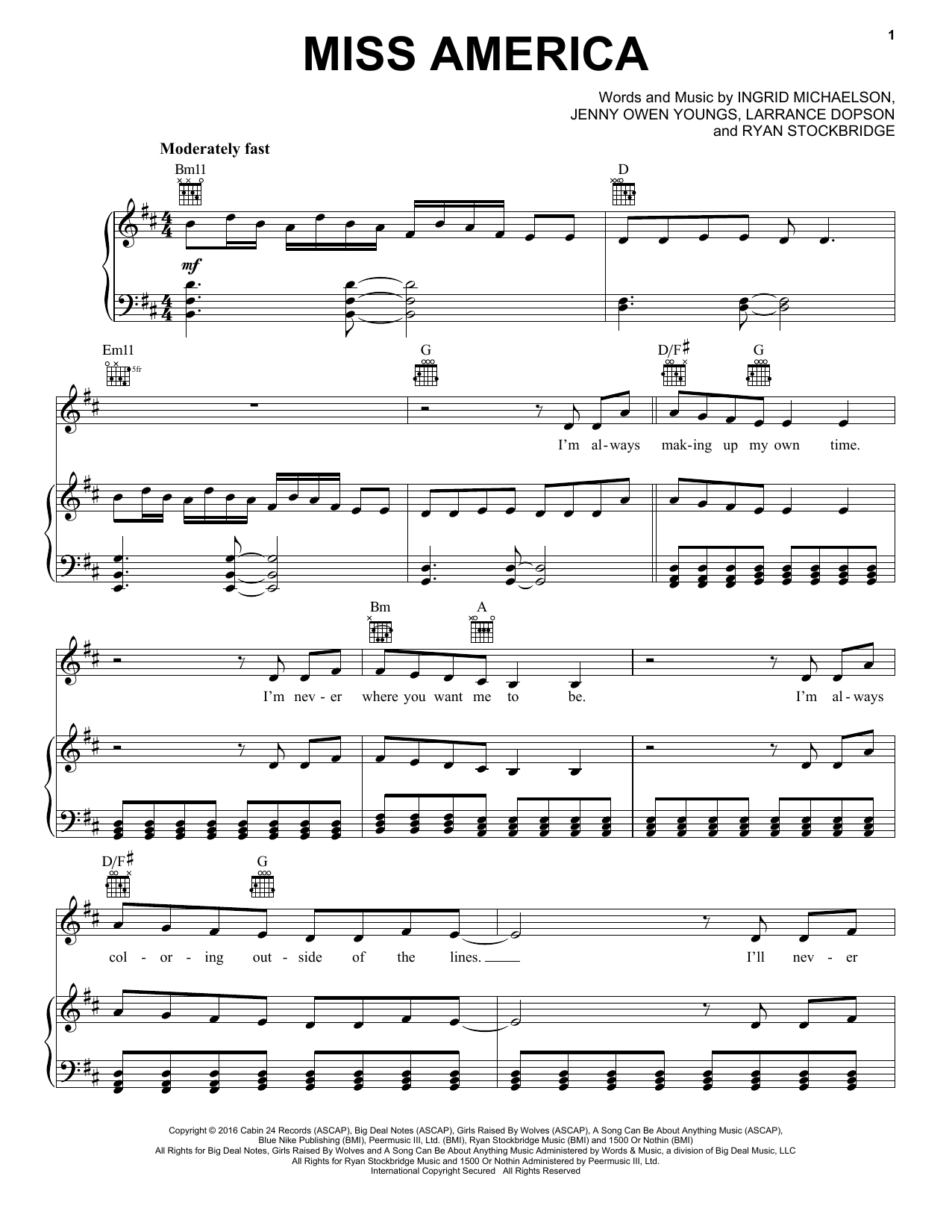 Ingrid Michaelson Miss America sheet music notes and chords arranged for Piano, Vocal & Guitar Chords (Right-Hand Melody)