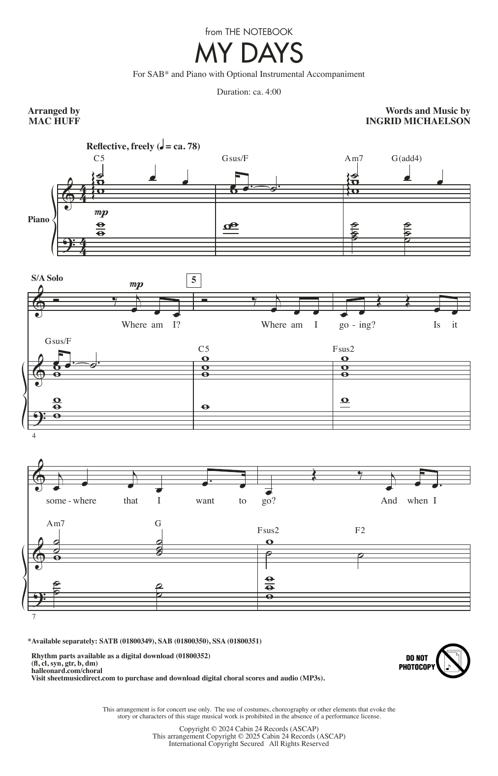 Ingrid Michaelson My Days (from The Notebook) (arr. Mac Huff) sheet music notes and chords arranged for SAB Choir