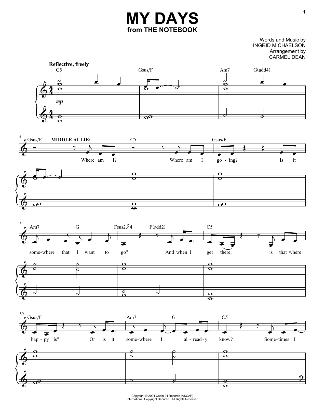 Ingrid Michaelson My Days (from The Notebook) sheet music notes and chords arranged for Piano & Vocal