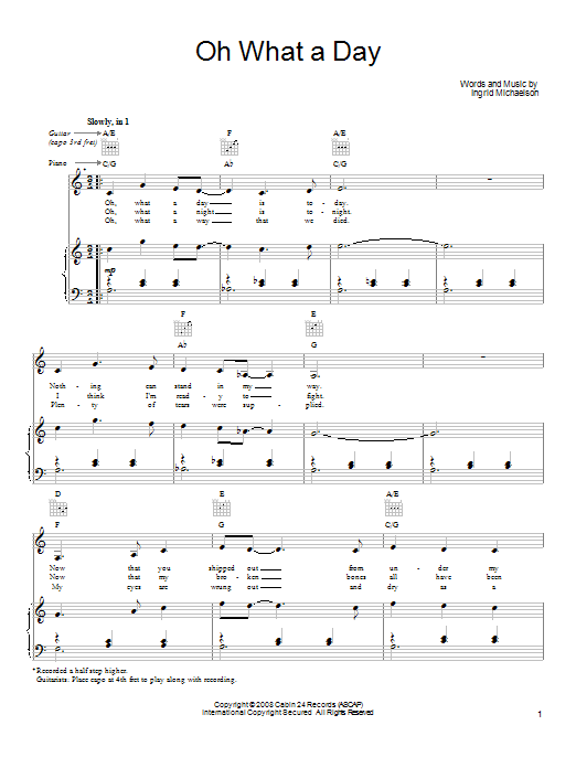 Ingrid Michaelson Oh What A Day sheet music notes and chords arranged for Ukulele Chords/Lyrics