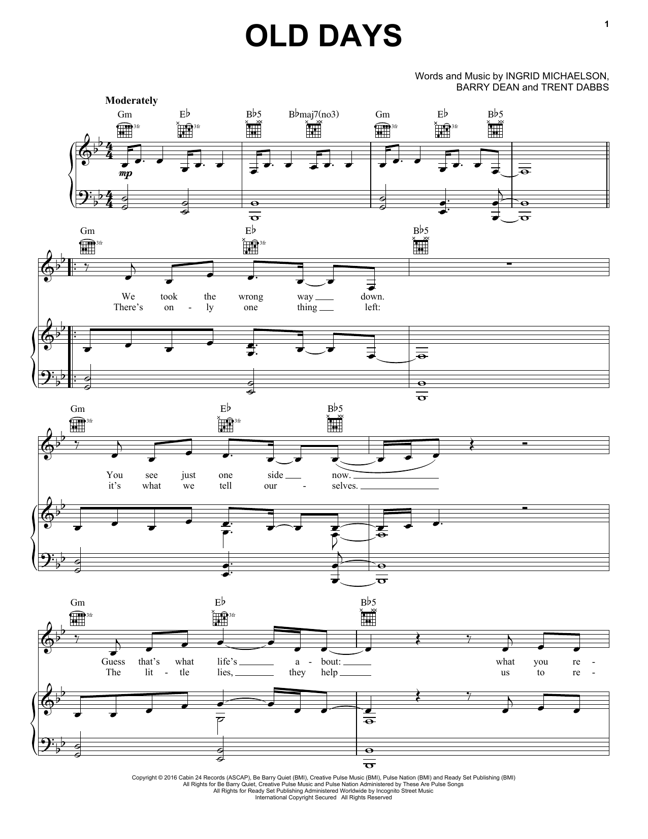 Ingrid Michaelson Old Days sheet music notes and chords arranged for Piano, Vocal & Guitar Chords (Right-Hand Melody)
