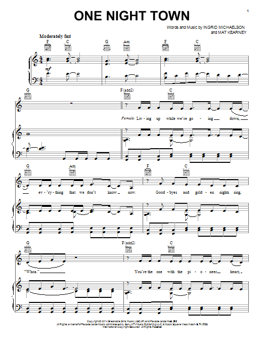 Ingrid Michaelson One Night Town sheet music notes and chords arranged for Piano, Vocal & Guitar Chords (Right-Hand Melody)