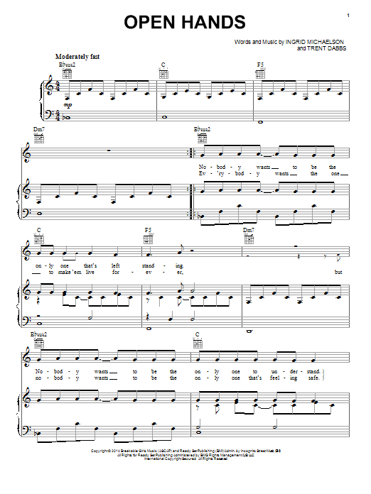 Ingrid Michaelson Open Hands sheet music notes and chords arranged for Piano, Vocal & Guitar Chords (Right-Hand Melody)