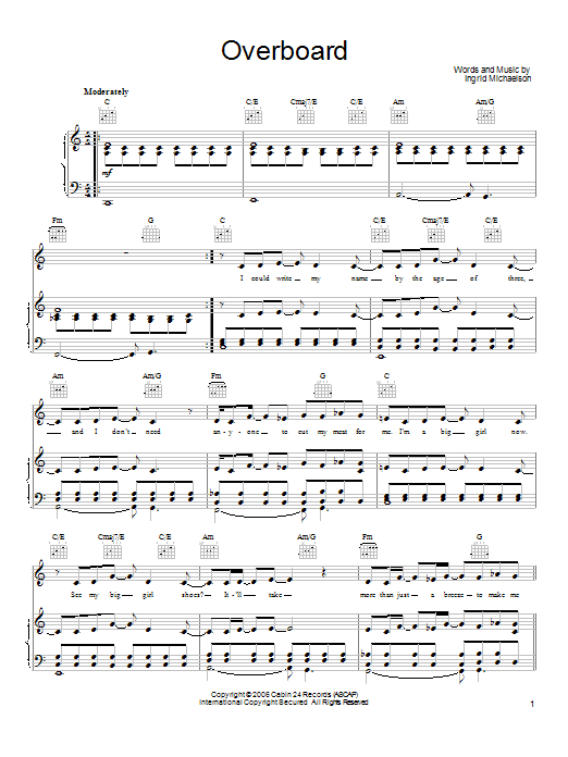 Ingrid Michaelson Overboard sheet music notes and chords arranged for Piano, Vocal & Guitar Chords (Right-Hand Melody)