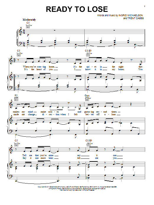 Ingrid Michaelson Ready To Lose sheet music notes and chords arranged for Piano, Vocal & Guitar Chords (Right-Hand Melody)