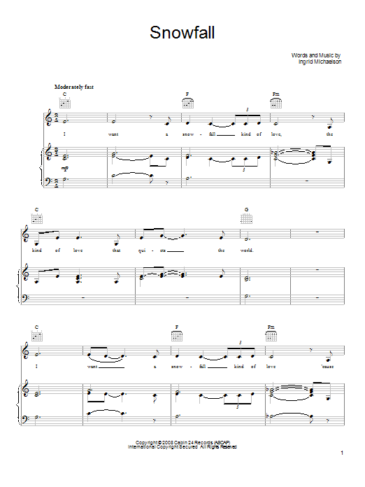 Ingrid Michaelson Snowfall sheet music notes and chords arranged for Piano, Vocal & Guitar Chords (Right-Hand Melody)