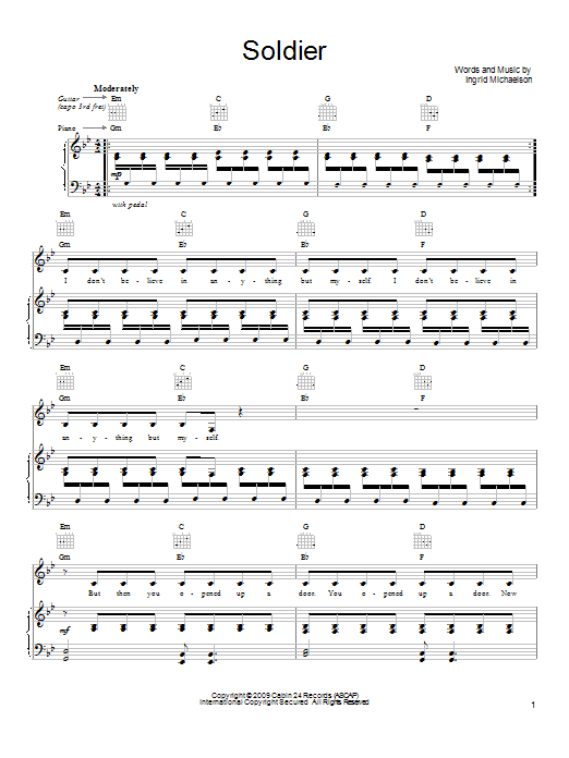 Ingrid Michaelson Soldier sheet music notes and chords arranged for Piano, Vocal & Guitar Chords (Right-Hand Melody)