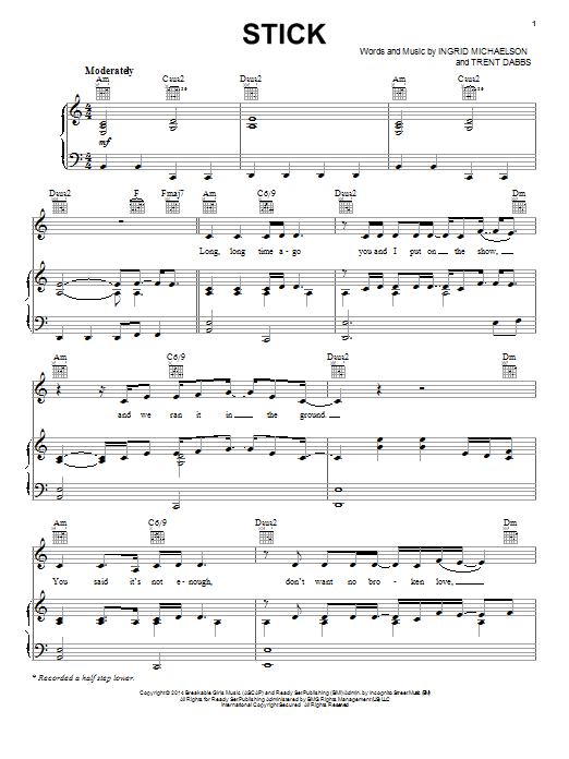 Ingrid Michaelson Stick sheet music notes and chords arranged for Piano, Vocal & Guitar Chords (Right-Hand Melody)