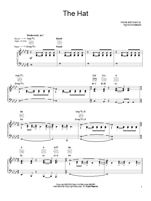 Ingrid Michaelson The Hat sheet music notes and chords arranged for Piano, Vocal & Guitar Chords (Right-Hand Melody)