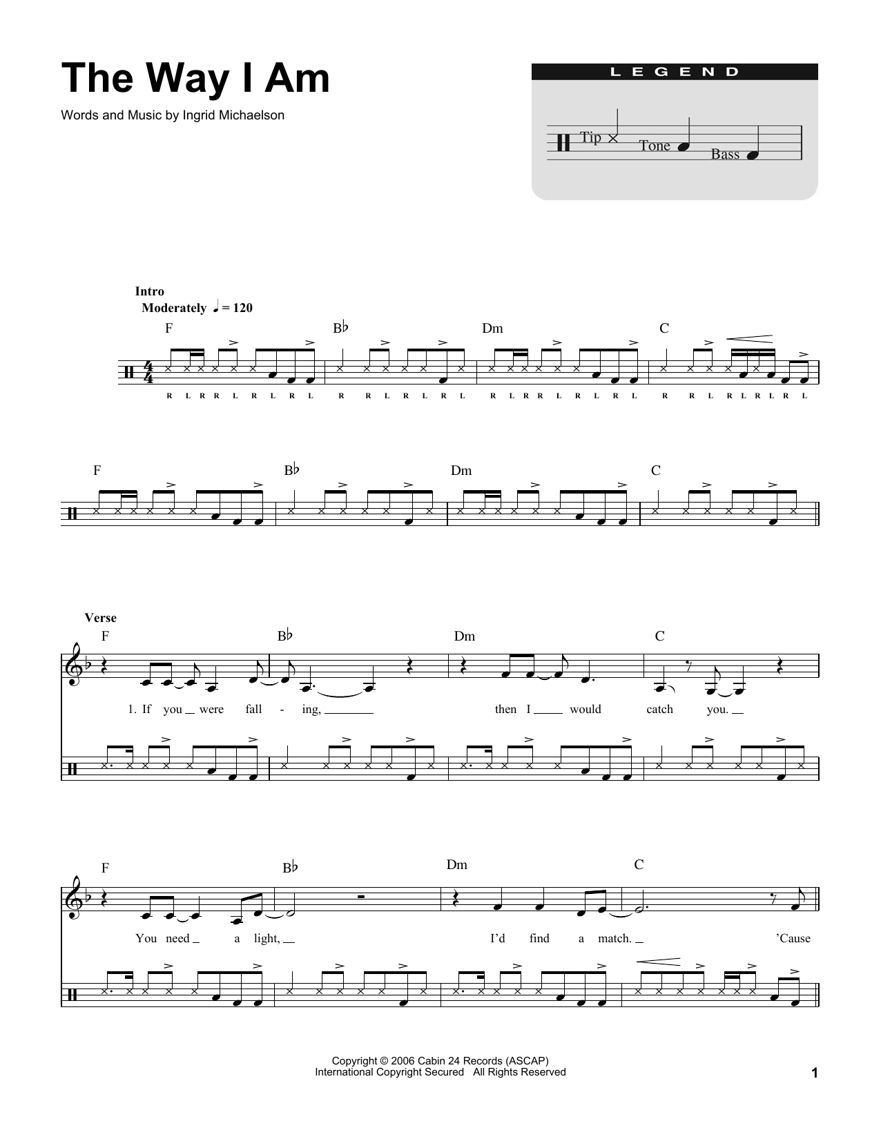 Ingrid Michaelson The Way I Am (for Acoustic Guitar, Voice and Cajón) sheet music notes and chords arranged for Drums Transcription