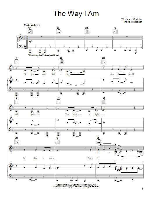 Ingrid Michaelson The Way I Am sheet music notes and chords arranged for Lead Sheet / Fake Book