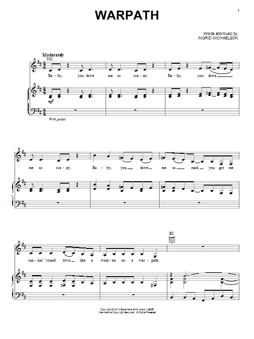 Ingrid Michaelson Warpath sheet music notes and chords arranged for Piano, Vocal & Guitar Chords (Right-Hand Melody)
