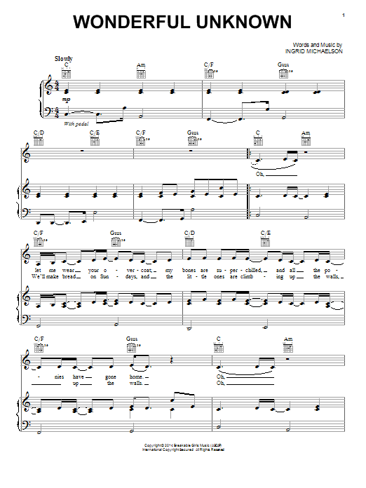 Ingrid Michaelson Wonderful Unknown sheet music notes and chords arranged for Piano, Vocal & Guitar Chords (Right-Hand Melody)