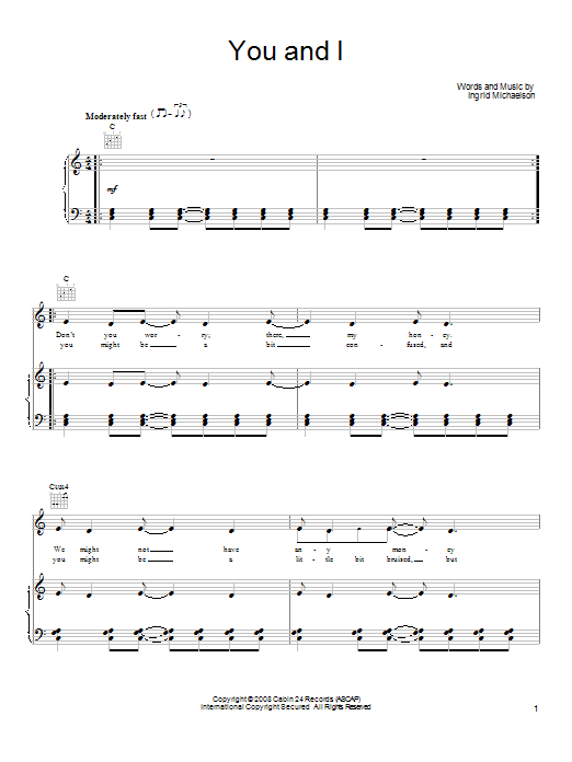 Ingrid Michaelson You And I sheet music notes and chords arranged for Piano, Vocal & Guitar Chords (Right-Hand Melody)