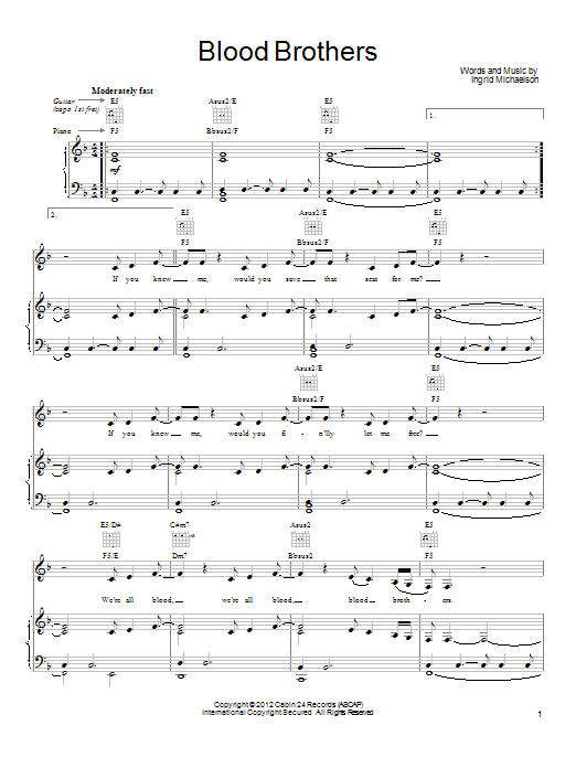 Ingrid Michaelson Blood Brothers sheet music notes and chords arranged for Piano, Vocal & Guitar Chords (Right-Hand Melody)