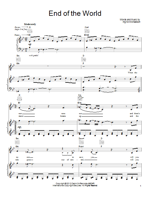 Ingrid Michaelson End Of The World sheet music notes and chords arranged for Piano, Vocal & Guitar Chords (Right-Hand Melody)