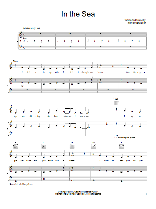 Ingrid Michaelson In The Sea sheet music notes and chords arranged for Piano, Vocal & Guitar Chords (Right-Hand Melody)