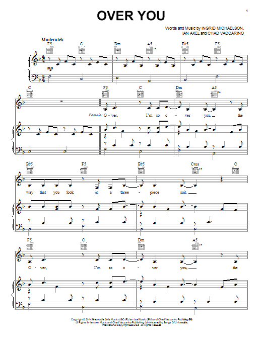 Ingrid Michaelson Over You sheet music notes and chords arranged for Piano, Vocal & Guitar Chords (Right-Hand Melody)