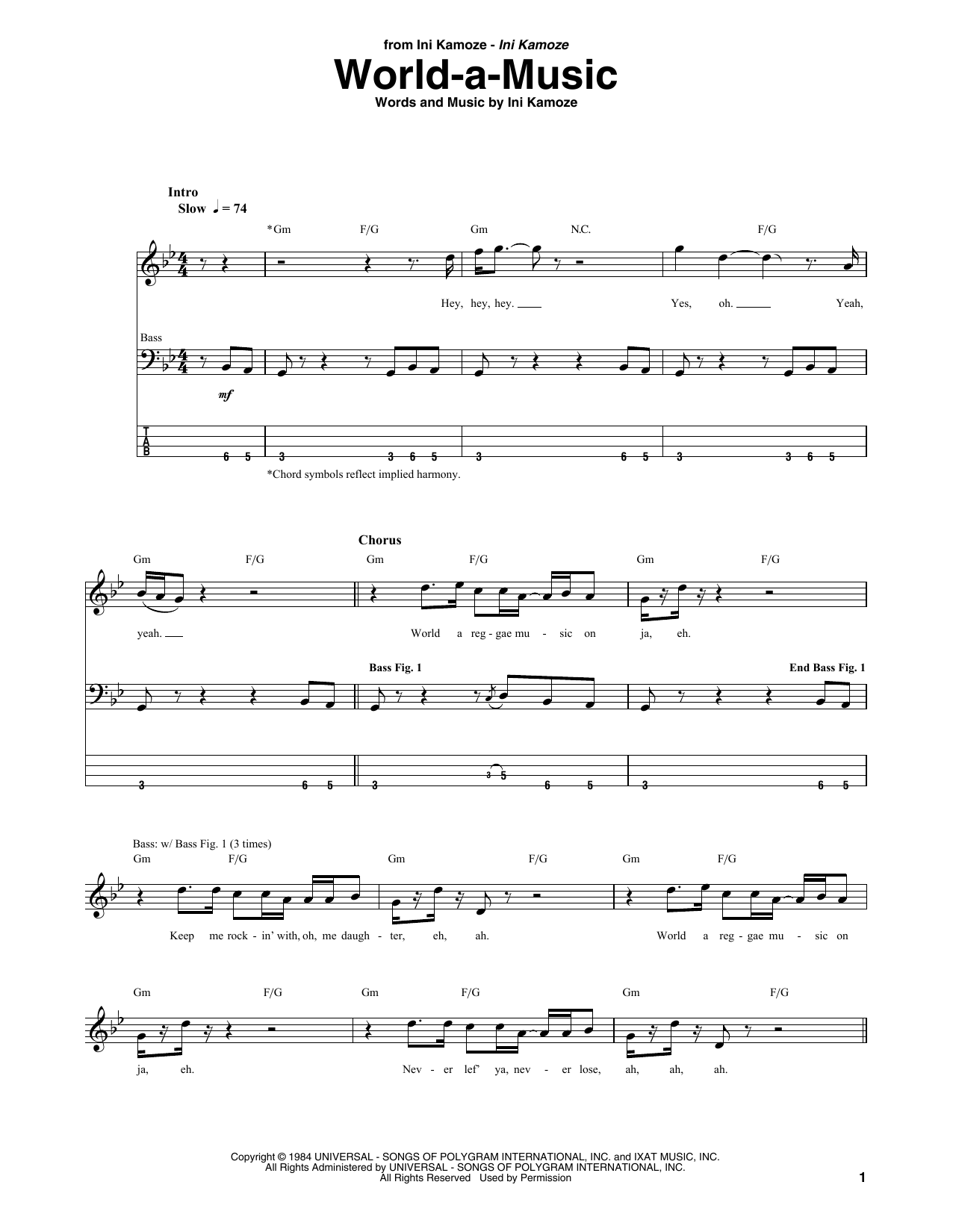 Ini Kamoze World-A-Music sheet music notes and chords arranged for Bass Guitar Tab