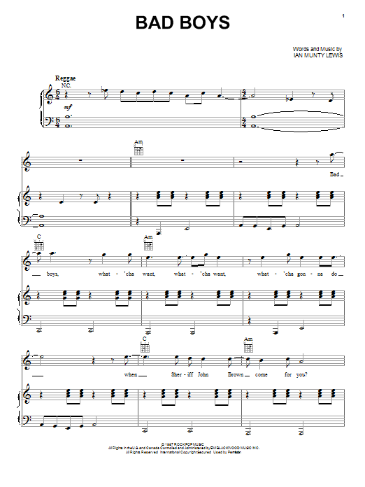 Inner Circle Bad Boys sheet music notes and chords arranged for Piano, Vocal & Guitar Chords (Right-Hand Melody)