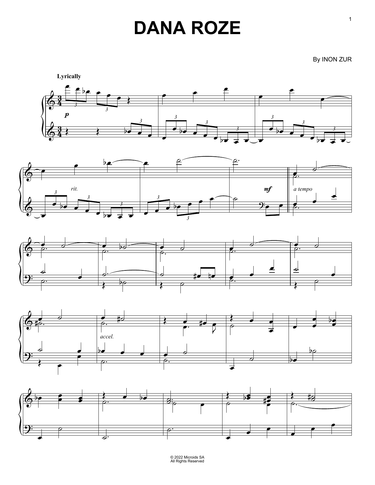Inon Zur Dana Roze (from Syberia: The World Before) sheet music notes and chords arranged for Piano Solo