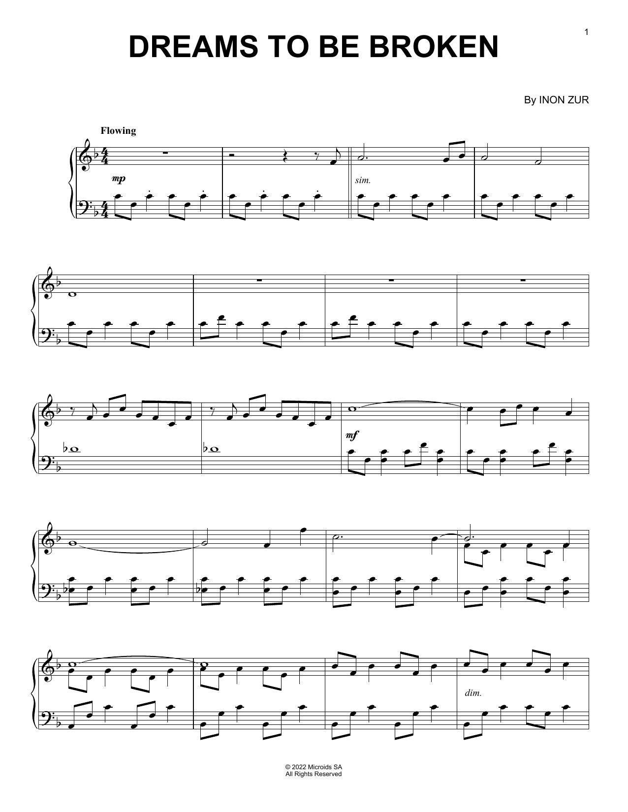 Inon Zur Dreams To Be Broken (from Syberia: The World Before) sheet music notes and chords arranged for Piano Solo