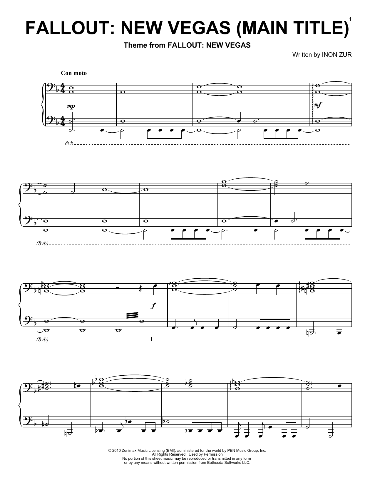 Inon Zur Fallout New Vegas (Main Title) sheet music notes and chords arranged for Piano Solo