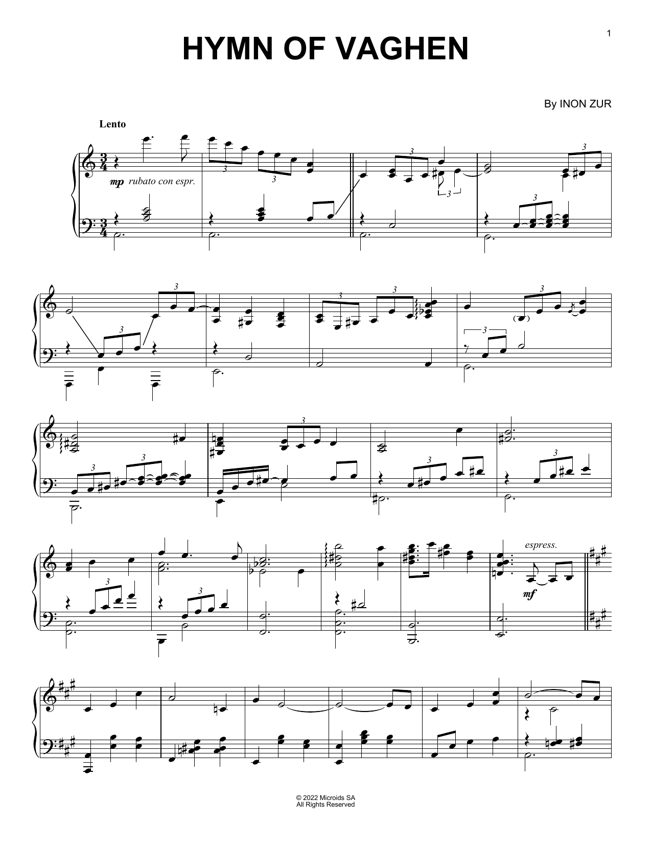 Inon Zur Hymn Of Vaghen (from Syberia: The World Before) sheet music notes and chords arranged for Piano Solo