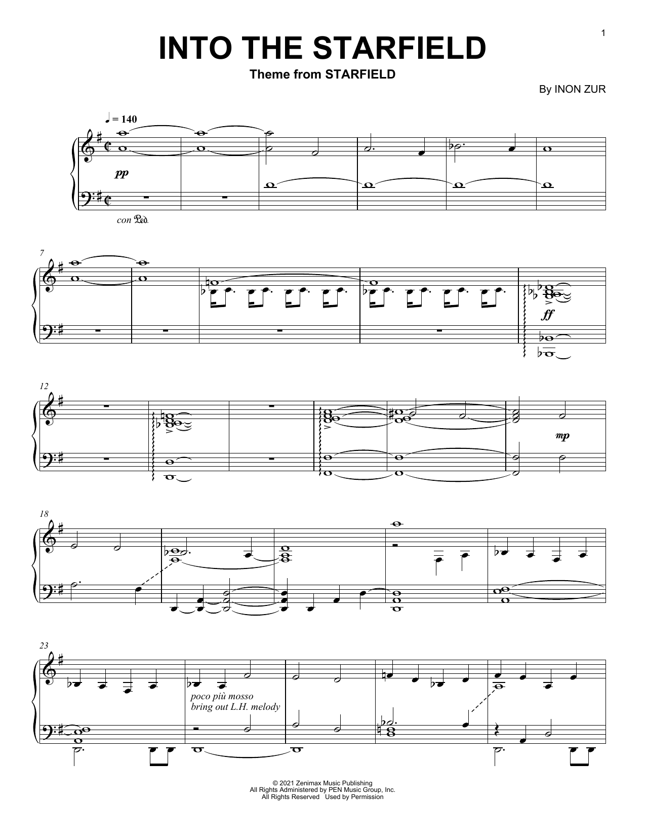 Inon Zur Into The Starfield (Main Title) sheet music notes and chords arranged for Piano Solo